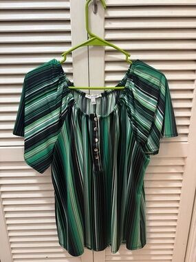 Notations Green Multi-Stripe Short Sleeve Peasant Top